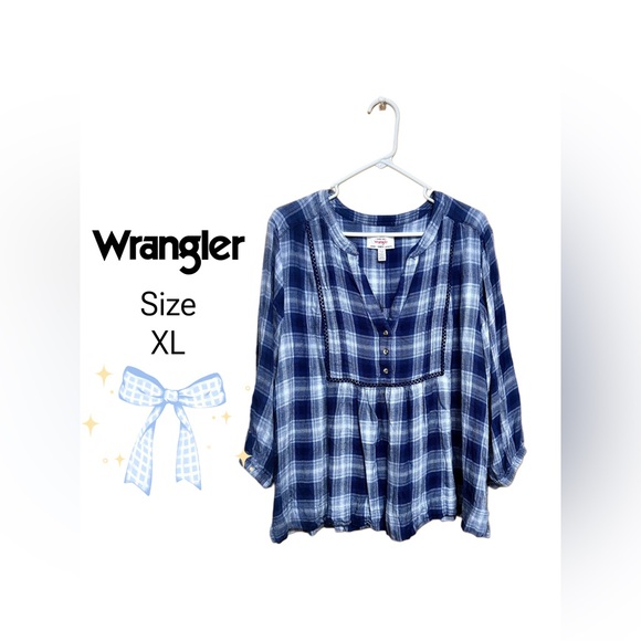 Wrangler Tops - 💙 Wrangler Blue Plaid Babydoll Peasant Top XL Soft Boho Western Cowgirl Blouse 💙
